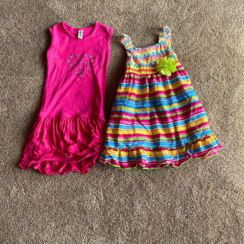 2 4T kids dresses 1 pink and 1 colorful with green flower